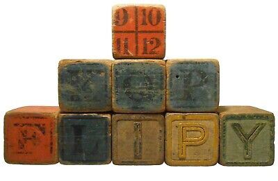 Late 19Th-Early 20Th C American Antique Pntd Wood Cube Alphabet Stacking Blocks