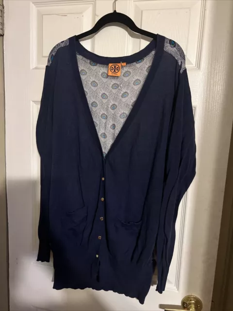 Tory Burch Womens Blue Cotton silk Rare V-Neck Cardigan XL