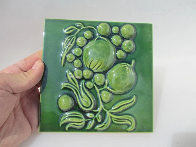 Vintage Ceramic Tile Floral Art Nouveau Flowers Old Fruit Leaf