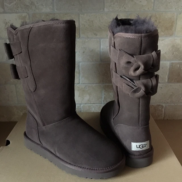 UGG ALLEGRA II Double Bailey Bow Chocolate Brown Suede Tall Boots
