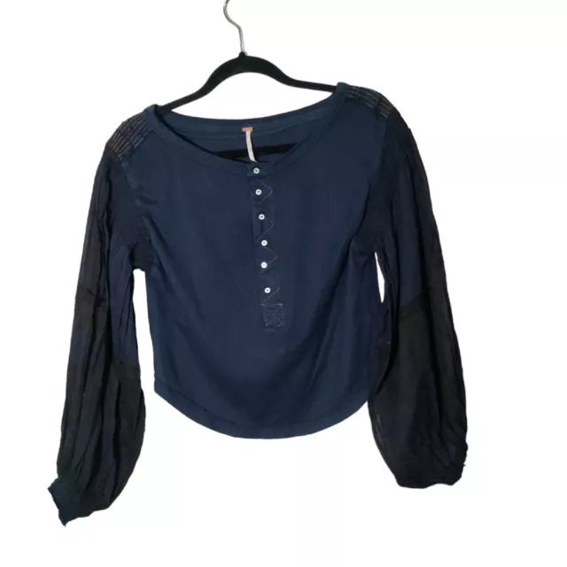 Free People Light Magic Henley Blouse Top Navy Blue Button Balloon Sleeve  XS