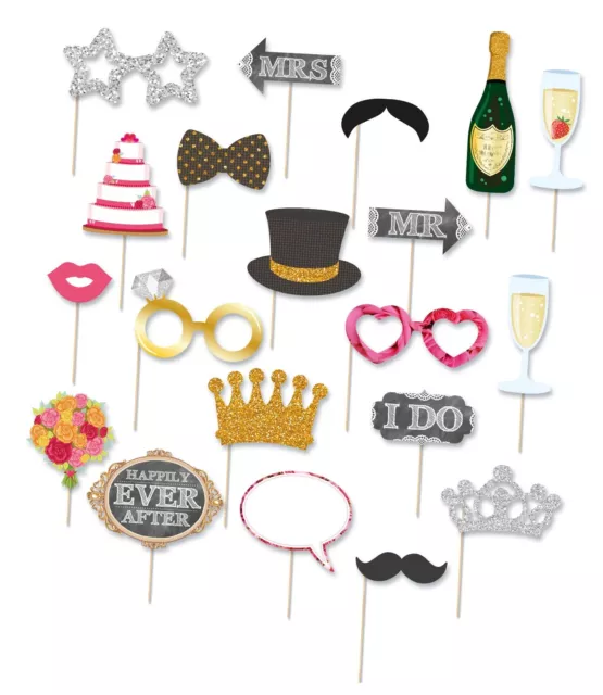 Wedding  Photo Booth Selfie Props Mr Mrs Glasses Cake Crown Tash I Do Fun 20pc