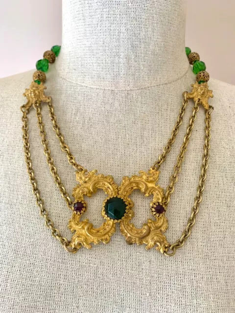 Victorian 18k Gold Gilt Festoon Necklace With Amethyst & Emerald Vauxhall Stones