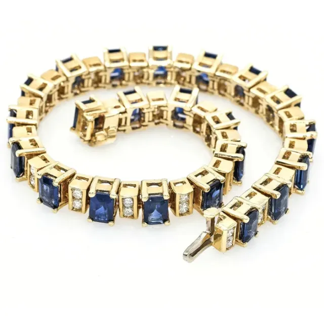 Estate 14K Yellow Gold Over Sapphire & Diamond Tennis Bracelet Length-7.5" Lady