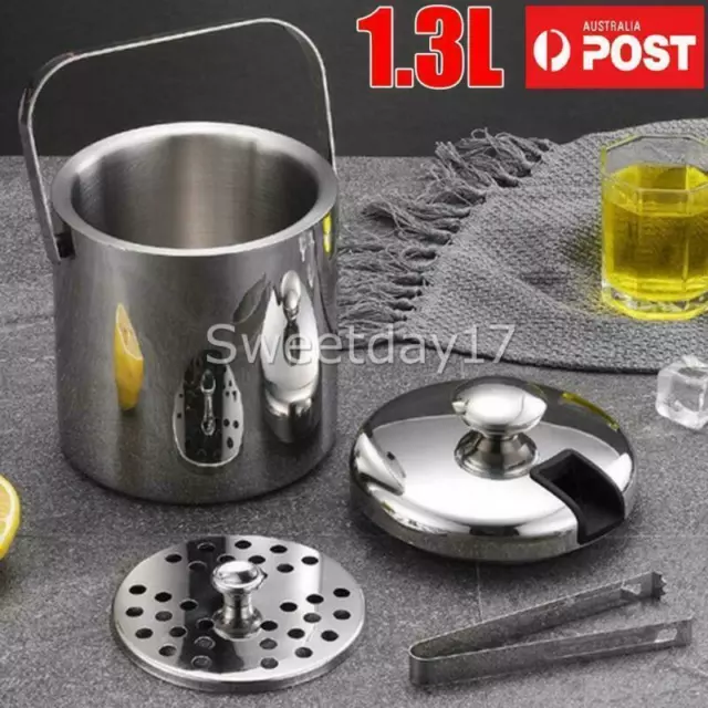 Double Wall Ice Bucket with Lid Tong Champagne Beer Wine Drink Cooler Bar Party