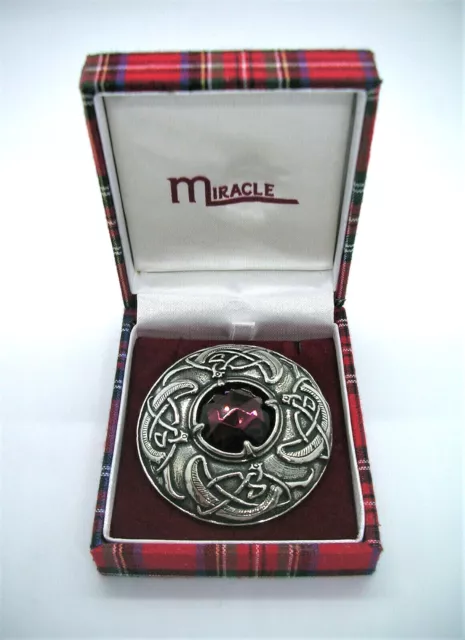 Miracle Large Pewter Brooch Scottish Celtic Zoomorphic Glass Gemstone New in Box 2