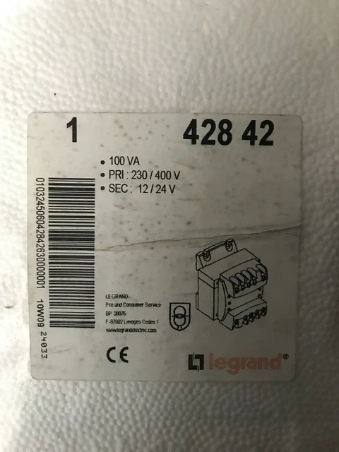 LEGRAND 642563 TRANSFORMER 100va Pri 230/400v Sec 115v CT IEC / BS En ...