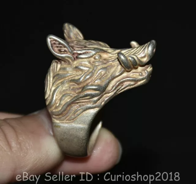 1.6" Old Chinese Silver Dynasty Palace Animal wild boar Head Figure ring