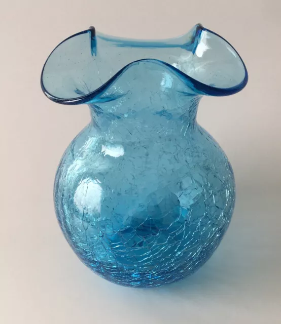 Vintage Blue Crackle Glass Vase Hand Blown w/Ruffled Top~5”