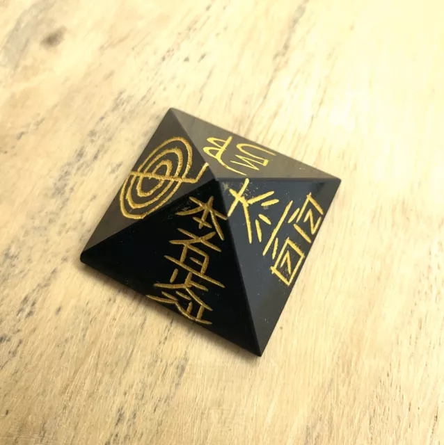 Reiki Symbol Engraved Black Tourmaline Pyramid Energy Charged Crystal Protective