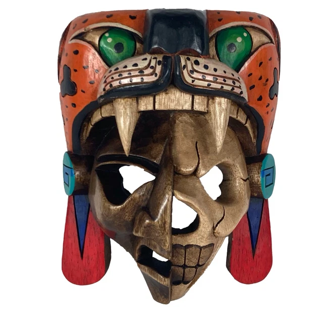 Colorful Hand Carved Wooden Mask Mexican Mayan Life and Death Jaguar Mask