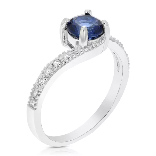 0.80 cttw Created Blue Sapphire Ring .925 Sterling Silver Rhodium Round 6 MM