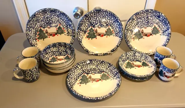 Folk Craft Tienshan Stoneware Cabin In The Snow  4 Place Settings - 16 Pieces