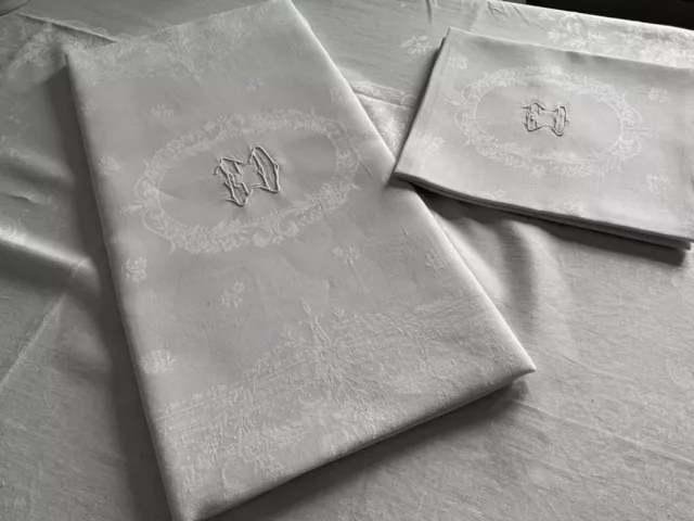 Linge Ancien Nappe De Mariage Damassé De Soie Monogramme E D