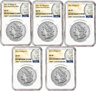 In Hand 2021 Morgan Silver Dollars NGC MS70 5 coin Set