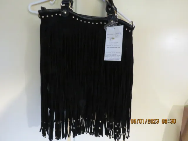 LUXCESSERIES Black Fringe Purse Bag Faux Leather Rhinestone Brass Stud Trim NWT