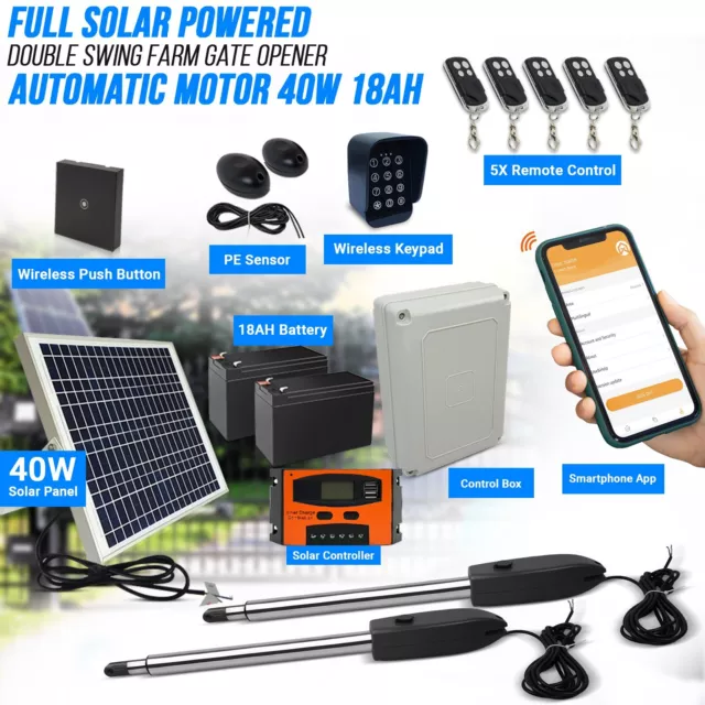 Full Solar Powered Double Swing Farm Gate Opener Automatic Motor 40W 17AH