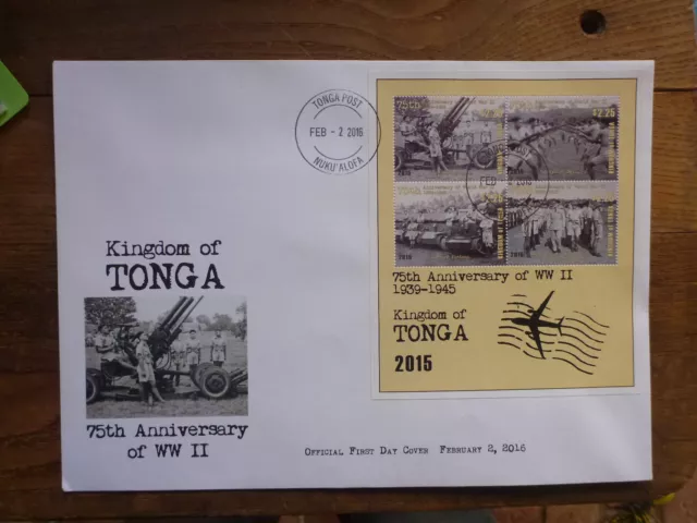 TONGA 2016 75th ANNIV WWII 4 STAMP MINI SHEET FDC FIRST DAY COVER