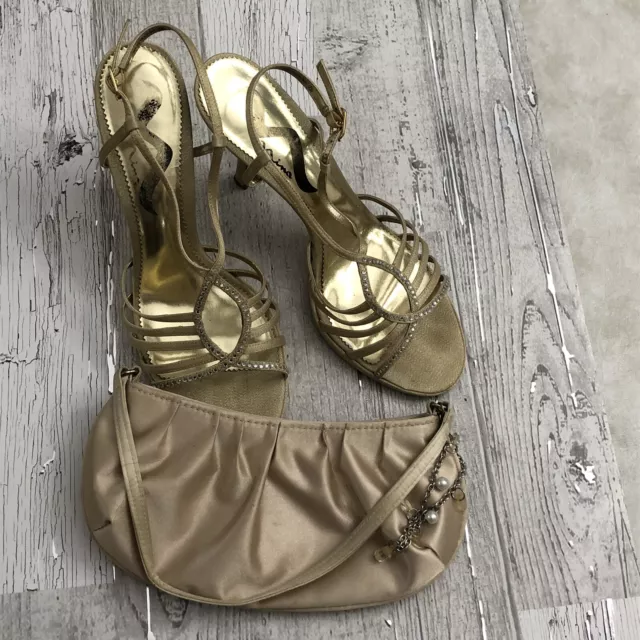 Nina Gold Rhinestone Open Toe Sandal Leather Sole 4.5” Heels Sz 10 Bonus Eve Bag