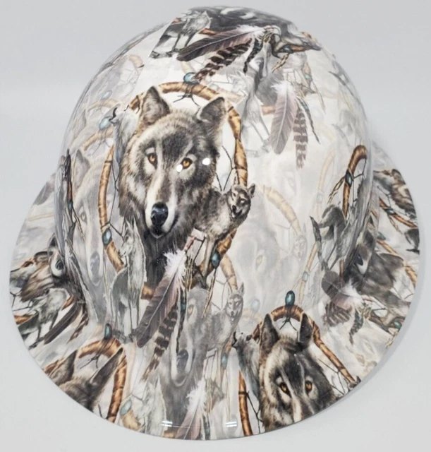 NEW FULL BRIM Hard Hat Custom Hydro Dipped Wolf Dream Catcher. Free