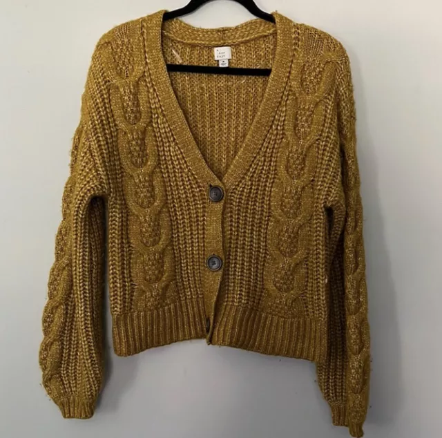 Mustard Yellow Chunky Knit Button Up Cardigan V-Neck Sweater Size Medium