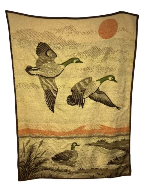 Vintage IBENA Flying Ducks Geese Reversible Tan Brown Blanket Throw Greece 53x73 2
