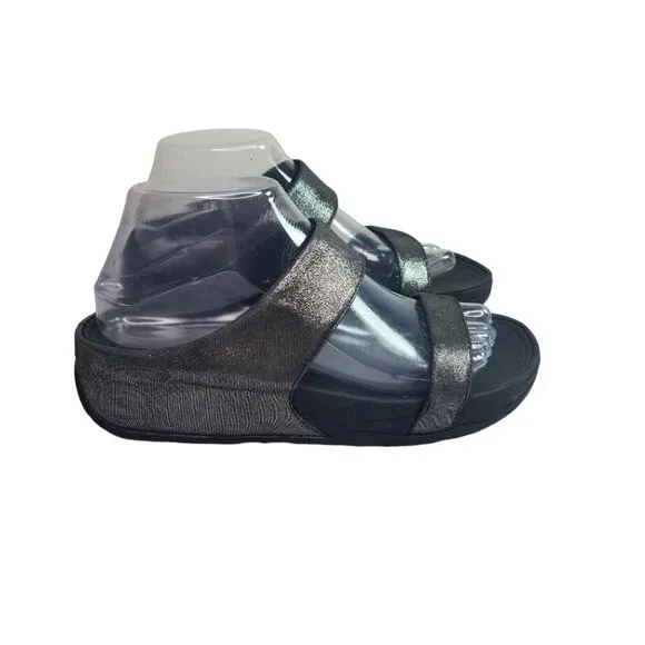 FitFlop Lulu shimmersuede pewter sparkle slides sandals 8