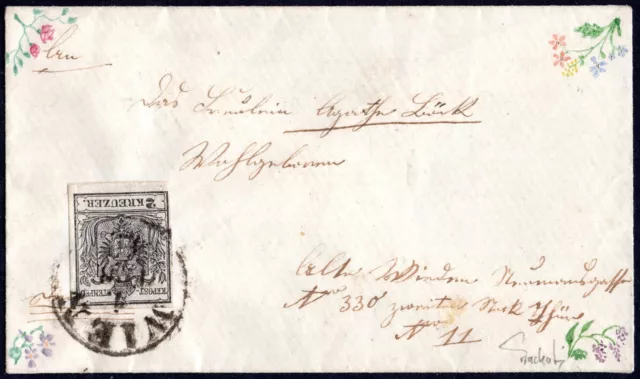 Österreich 1850 2 H III a Biedermeier-Zierbrief-Kuvert WIEN 1. FEB. ATTESTE RR