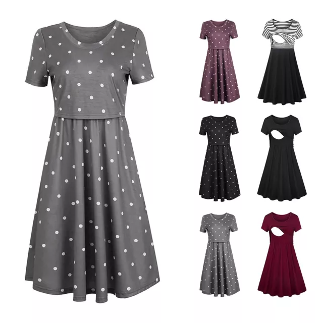 Pregnant Women Polka Dot Dress Nursing Maternity Casual Breastfeeding Nightdress