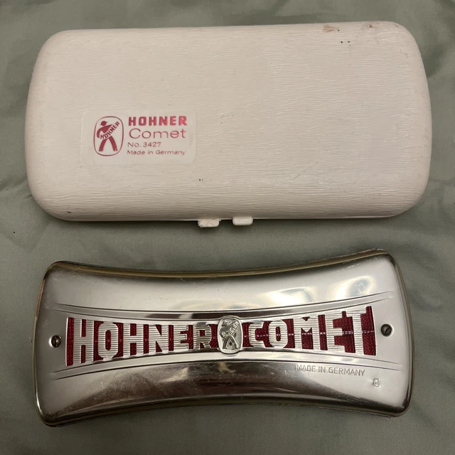 HOHNER COMET No 3427 GERMANY CURVED TWO SIDED TREMELO HARMONICA C/G KEY w/ CASE