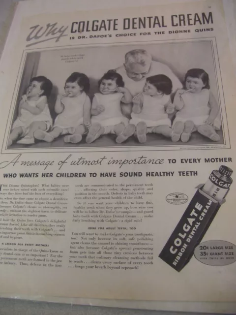 Vintage 1936 Colgate Dental Cream Advertisement with the Dionne Quintuplets