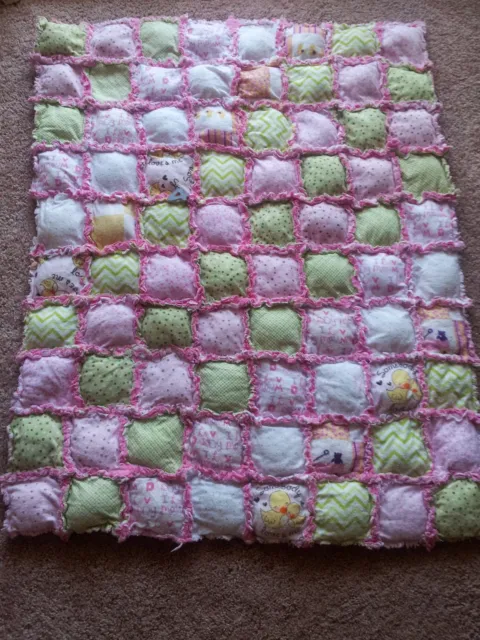 Rag quilt blanket Baby toddler girl handmade puff  Christmas 36”x36"