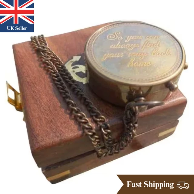 Antique Nautical Brass Engraved Pocket Compass with Free Anchor Wooden Box