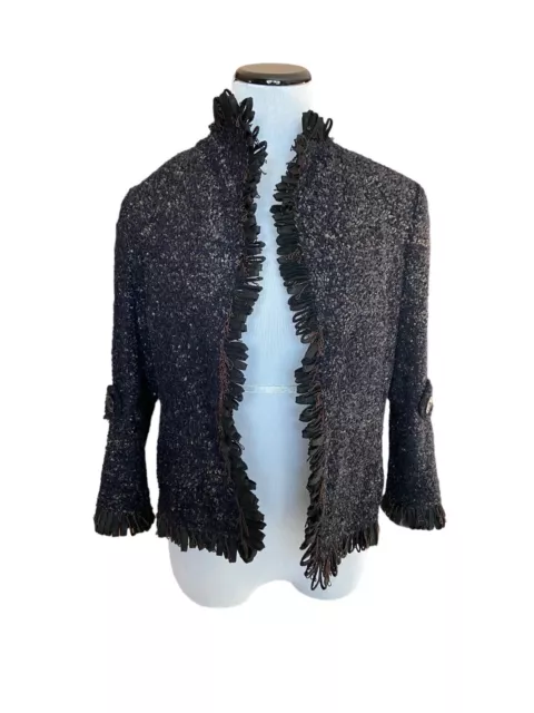 Lafayette 148 Womens Wool Blend Tweed Boucle Open Front Blazer Size 2 Black Crop