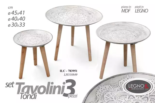 Set 3 Tavolini Tavolo Piedi Legno Salotto Giardino Decorati Classico Ø45-40-30