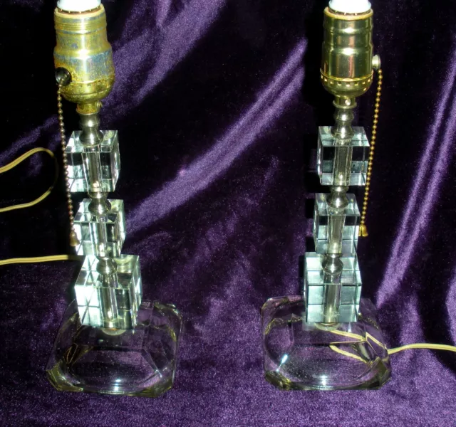 Vtg Art Deco Crystal Glass Cubed Pair Of Boudoir Lamps! Brutalist! 3 Tier!