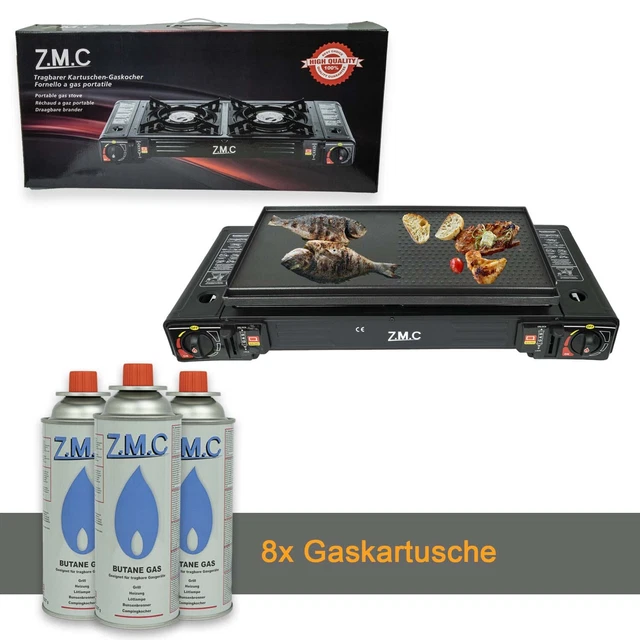 2 flammig Campingkocher Outdoor Camping Gas Kocher Grillplatte + 8x Gaskartusche