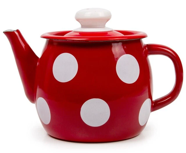 RED POLKA DOT Enamel Teapot Small Stovetop Kettle Vintage Enameled Tea