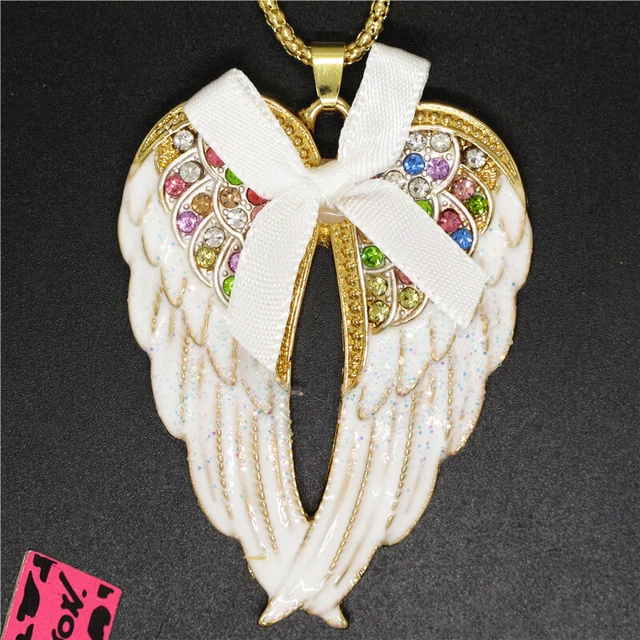 Hot Fashion Women White AB Enamel Cute Bow Wings Crystal Pendant Chain Necklace