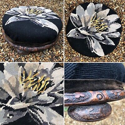 🌈Antique Small Round Carved Wooden Floral Tapestry Topped Footstool Stool Prop 11