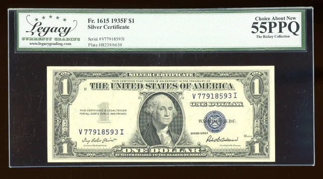 DBR $1 1935-F Silver Fr. 1615 VI Block Legacy 55 PPQ Serial V77918593I