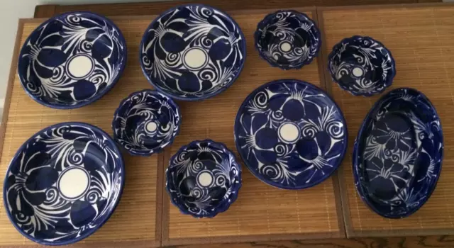 Mexican Talavera Blue/White Bowls with Serving Dish and Small Plate