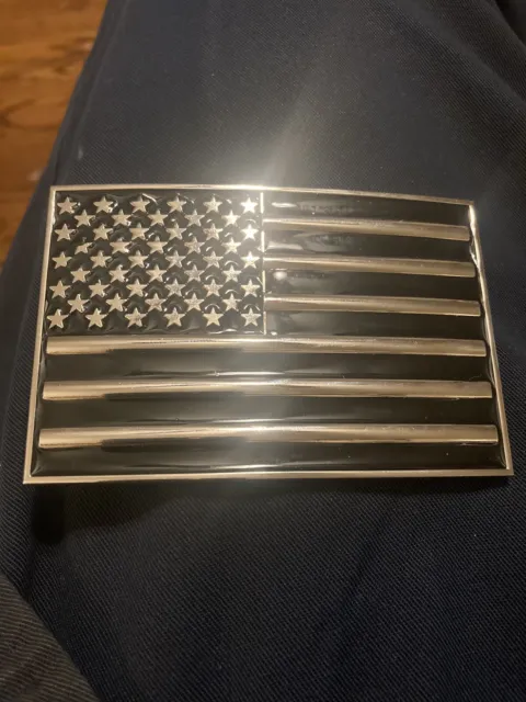 Black and Silver American Flag belt buckle Brand New Never Used Good Thick Metal