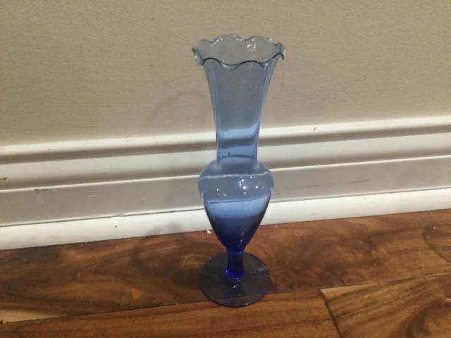 Vintage Hand Blown Blue Art Glass Crackle Bud Vase ruffled top footed 8'' light