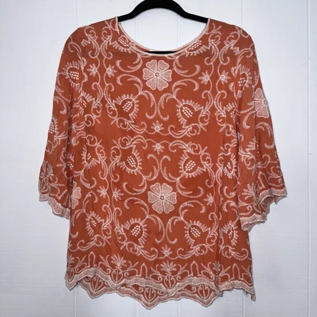Solitaire Women’s Floral Embroidered Top Orange Size Large