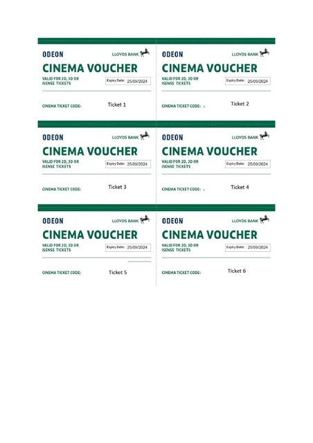 6 x Odeon Cinema Tickets 2D/3D/iSense -Club Lloyds Codes -Valid til 23/08/24 6 x Odeon Cinema Tickets 2D/3D/iSense -Club Lloyds Codes -Valid til 23/08/24
