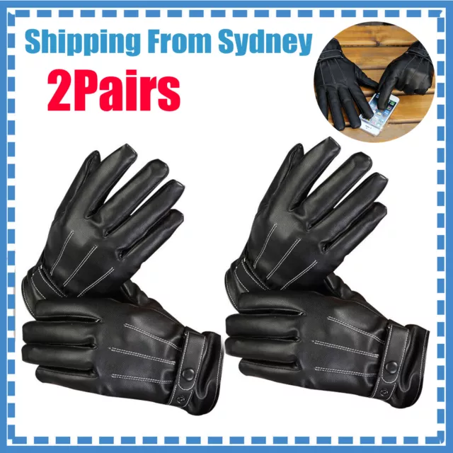 2PCS Mens PU Leather Black Touch Screen Gloves Full Finger For Smartphone AUS