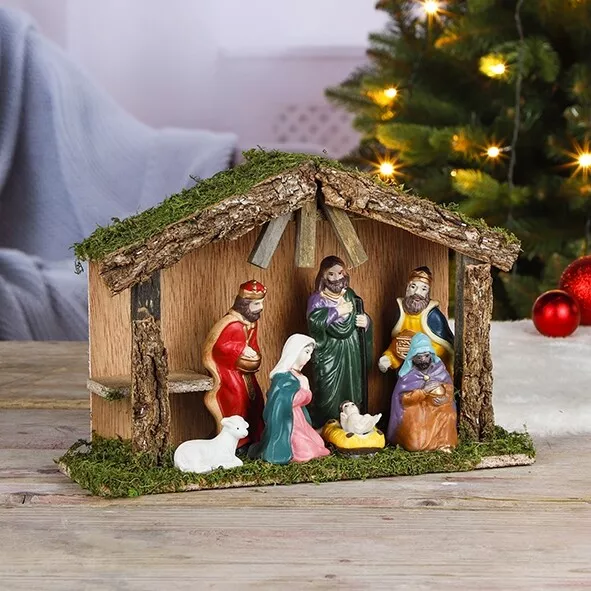 Weihnachtskrippe aus Holz Krippe mit 7 Porzellanfiguren Figuren Weihnachtsdeko