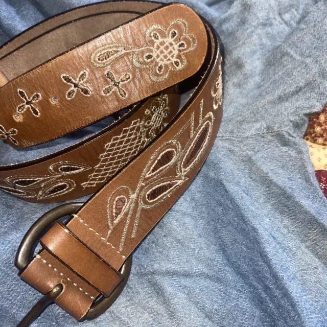 Fossil Genuine Brown Leather Floral Embroidered  Belt Women Size S Small