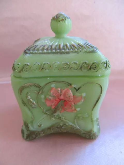 Azucarero Antiguo De Opalino Verde con Decoración Floral Rojo Época 1910/1930